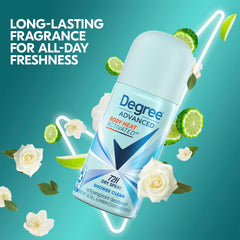 Degree Shower Clean rose jasmine scent bottle highlights refreshing aroma.
