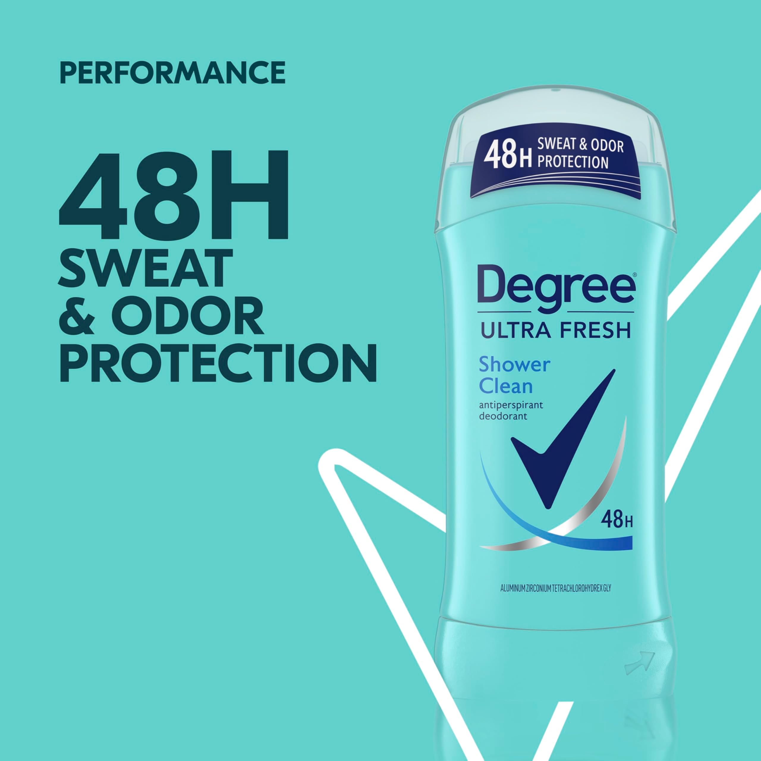Degree Ultra Fresh Shower Clean fragrance with rose and jasmine for a fresh feel.