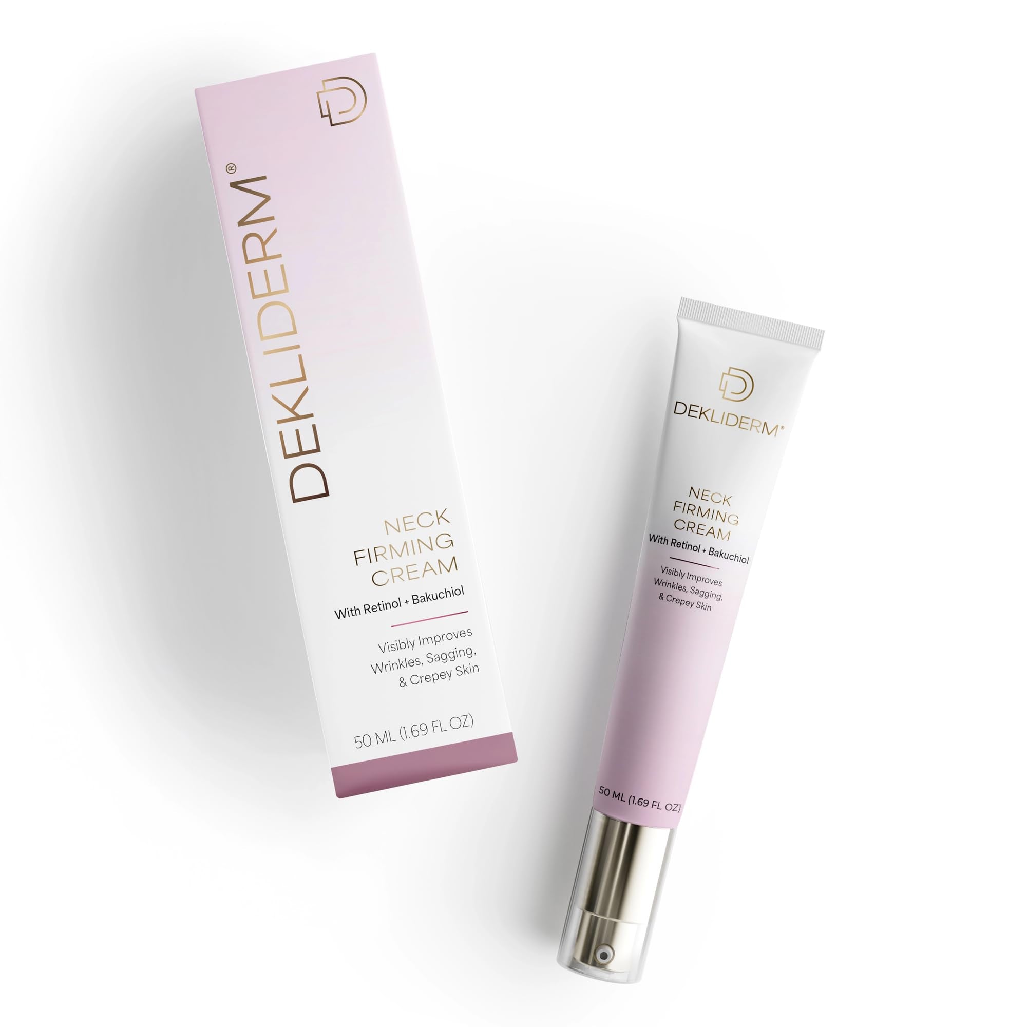DEKLIDERM Neck Firming Cream tube shows retinol and bakuchiol formula for smoother neck skin.