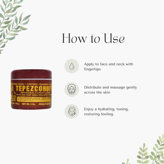 Closeup of Tepezcohuite Night Cream label, highlighting natural ingredients for skin balance.