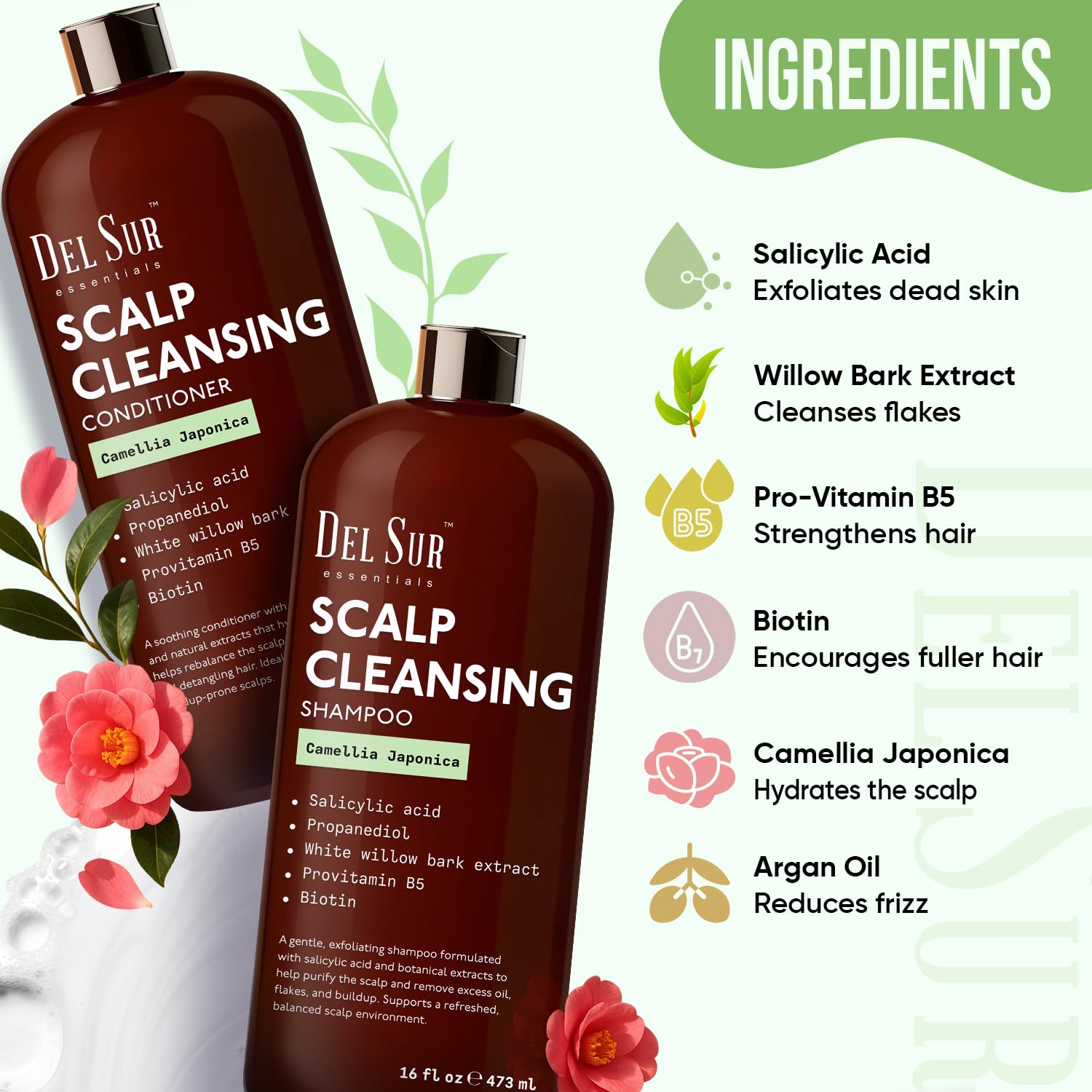 DEL SUR Camellia Japonica ingredient closeup showing conditioning botanicals.