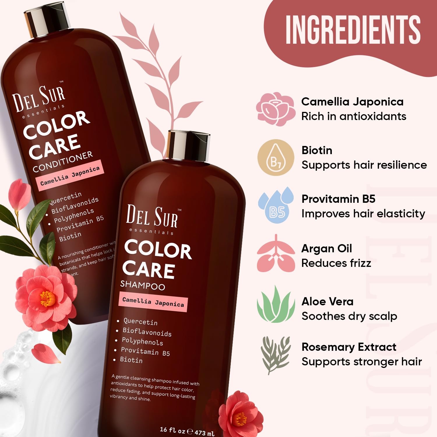 DEL SUR Camellia Japonica ingredient illustration highlighting hydration