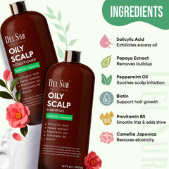 DEL SUR Clarifying Shampoo packaging label highlights salicylic acid and papaya
