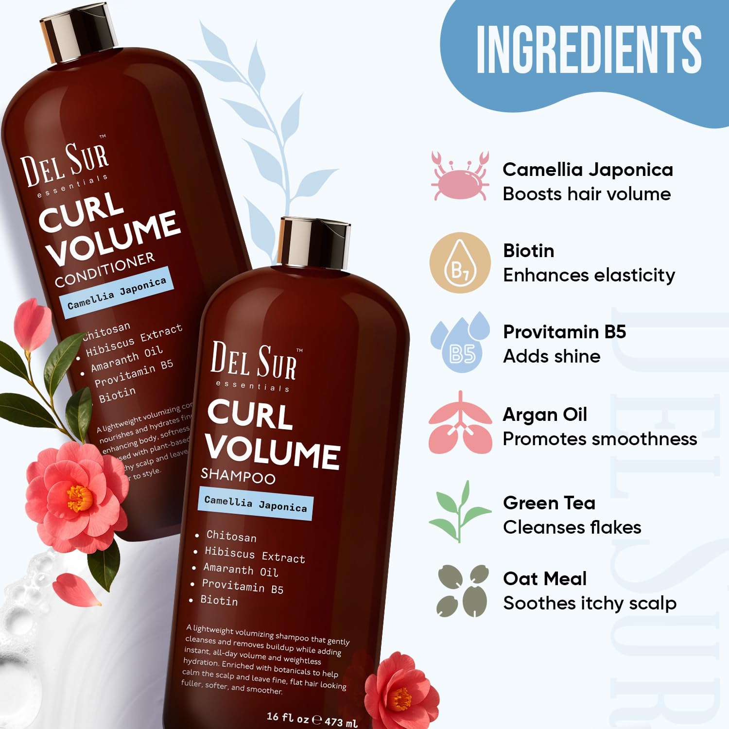 DEL SUR curly conditioner bottle close-up highlighting detangling and soft curls.