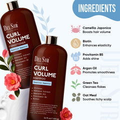 DEL SUR curly conditioner bottle close-up highlighting detangling and soft curls.