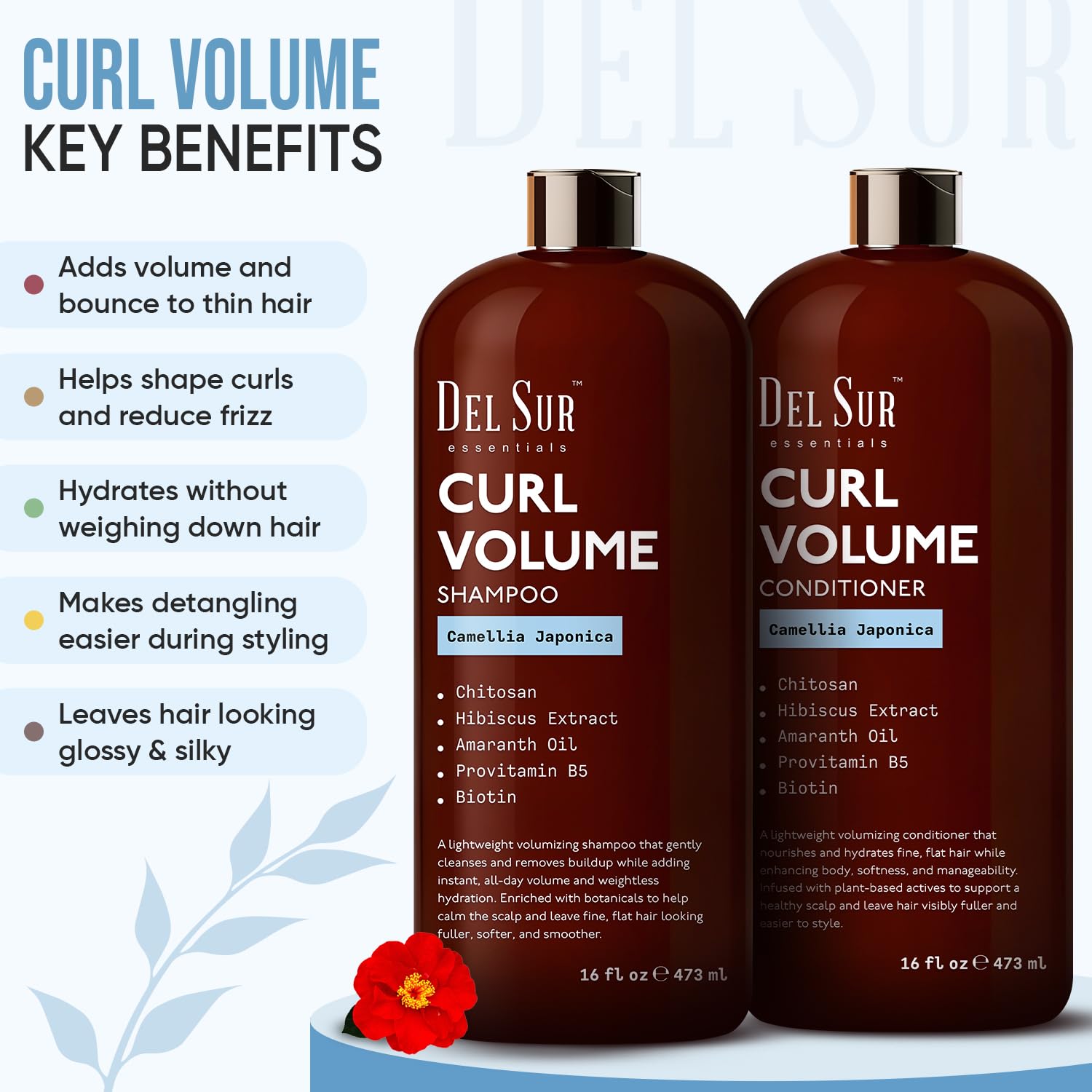 DEL SUR curly shampoo bottle close-up highlighting gentle cleansing for curls.