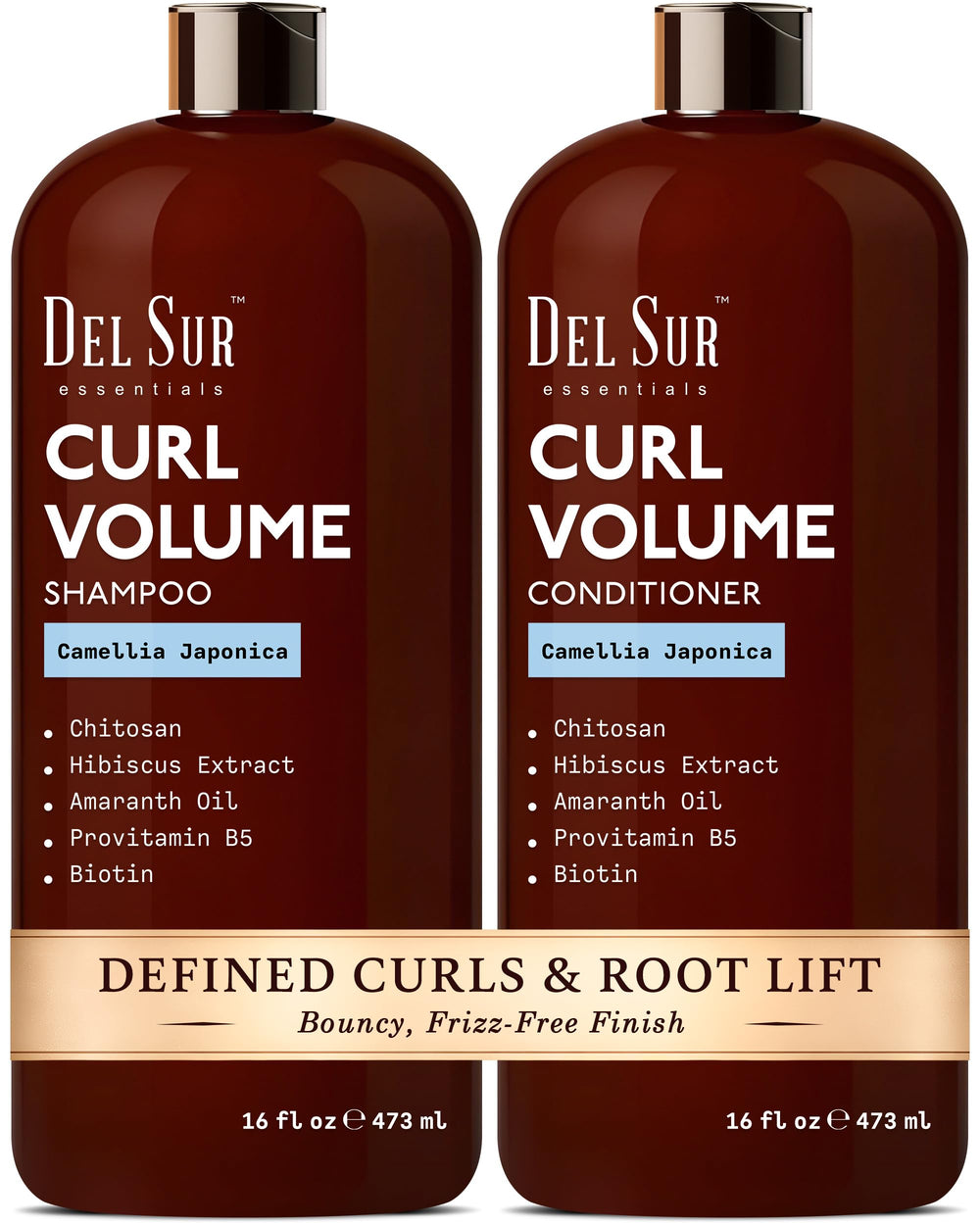 DEL SUR curly shampoo bottle front for defined curls and volume.