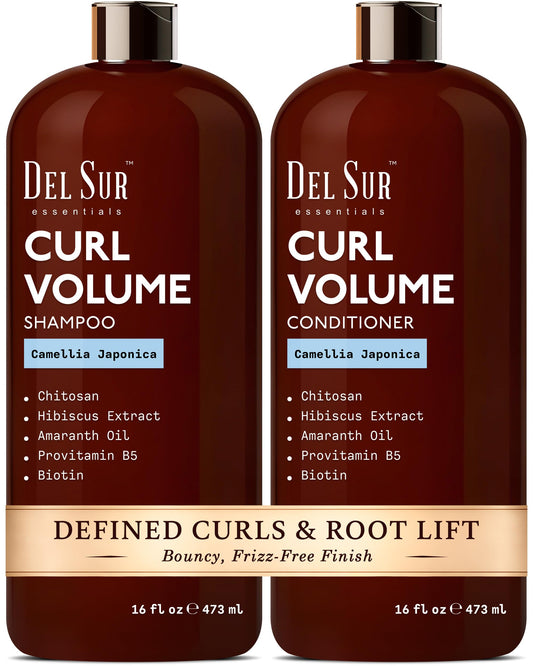 DEL SUR curly shampoo bottle front for defined curls and volume.