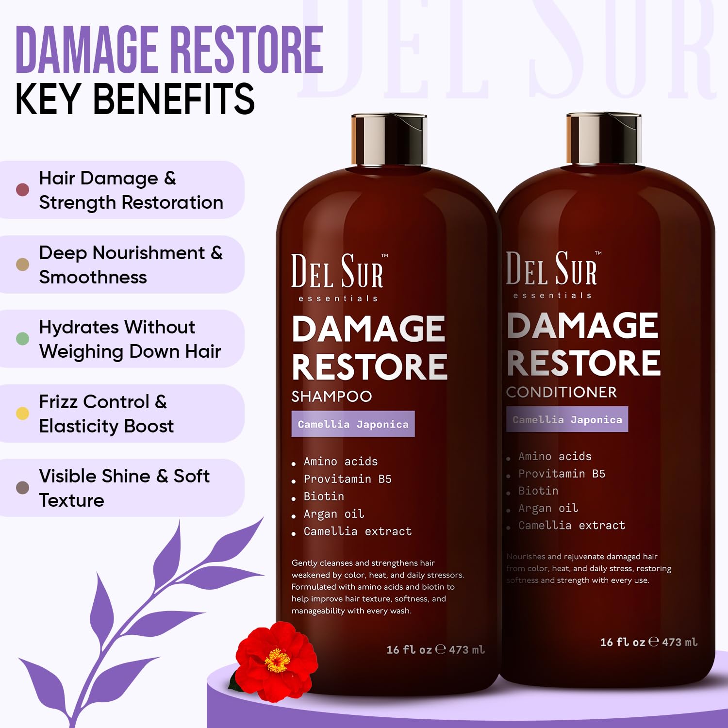 DEL SUR Hair Repair Shampoo label closeup highlighting Camellia Japonica and amino acids.
