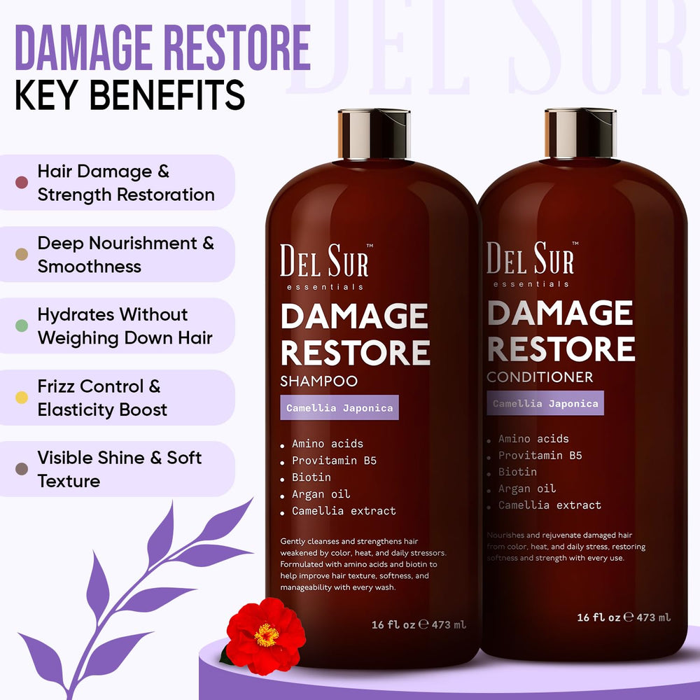 DEL SUR Hair Repair Shampoo label closeup highlighting Camellia Japonica and amino acids.