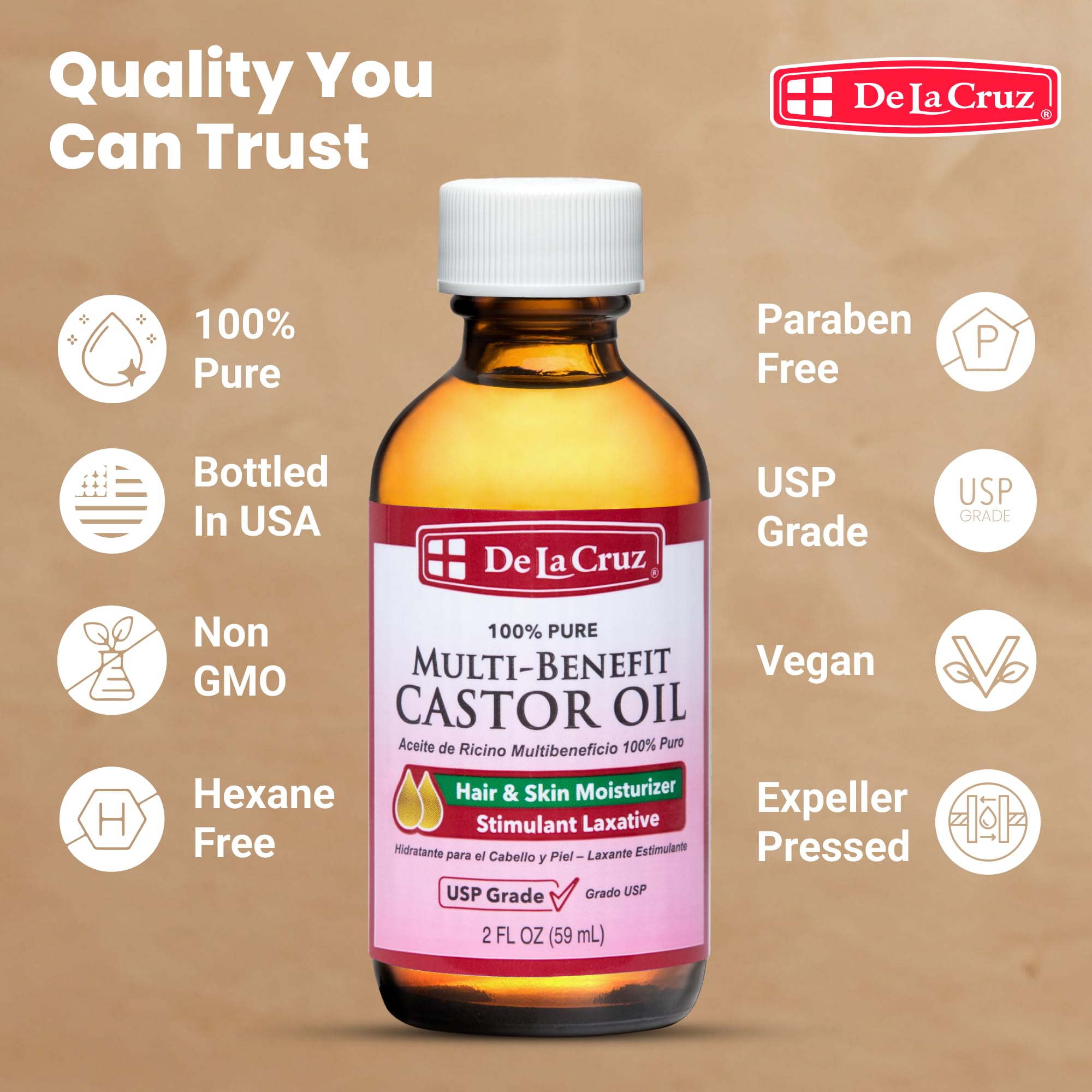 Pouring De La Cruz Castor Oil for scalp hydration.