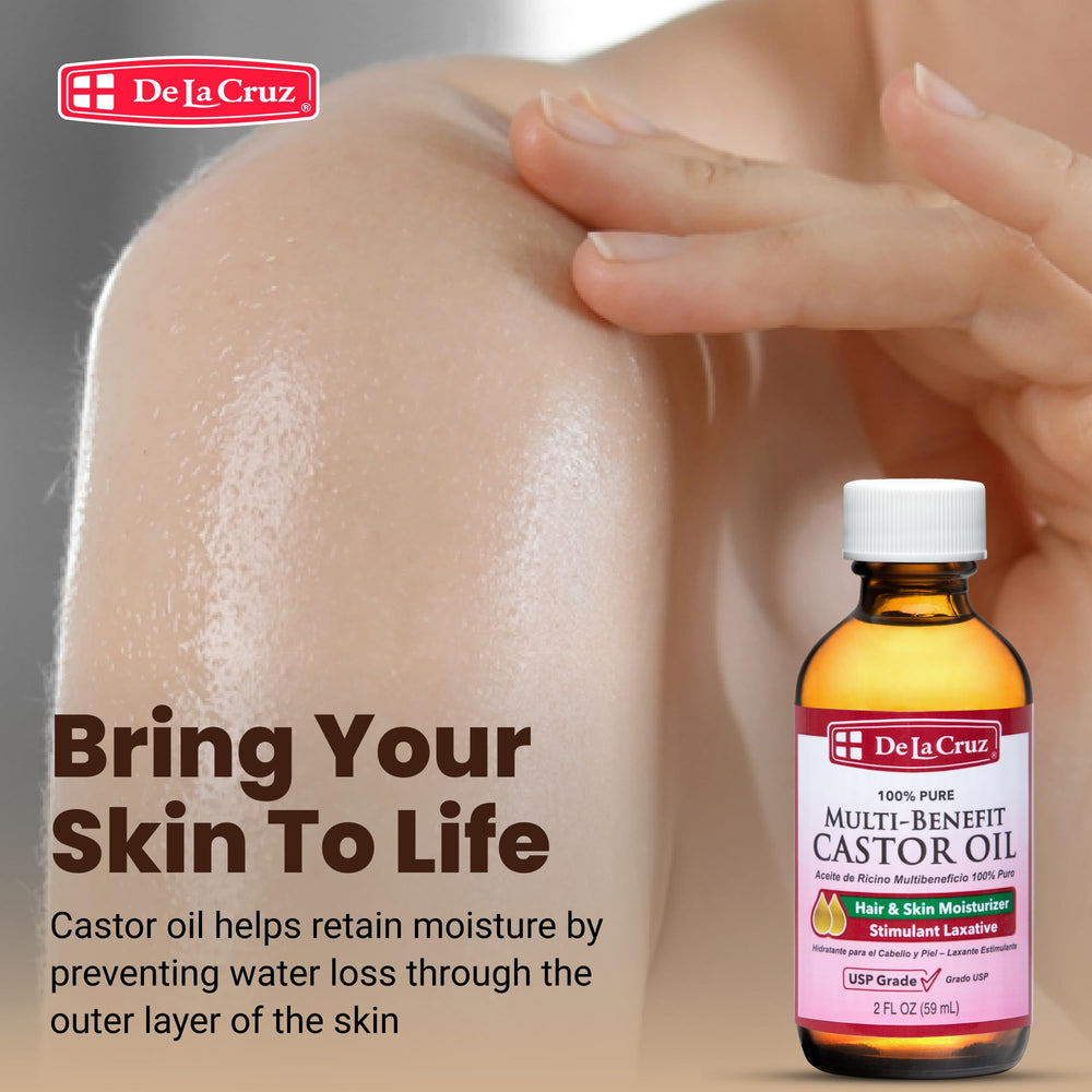 Castor oil applied to skin for natural moisture.