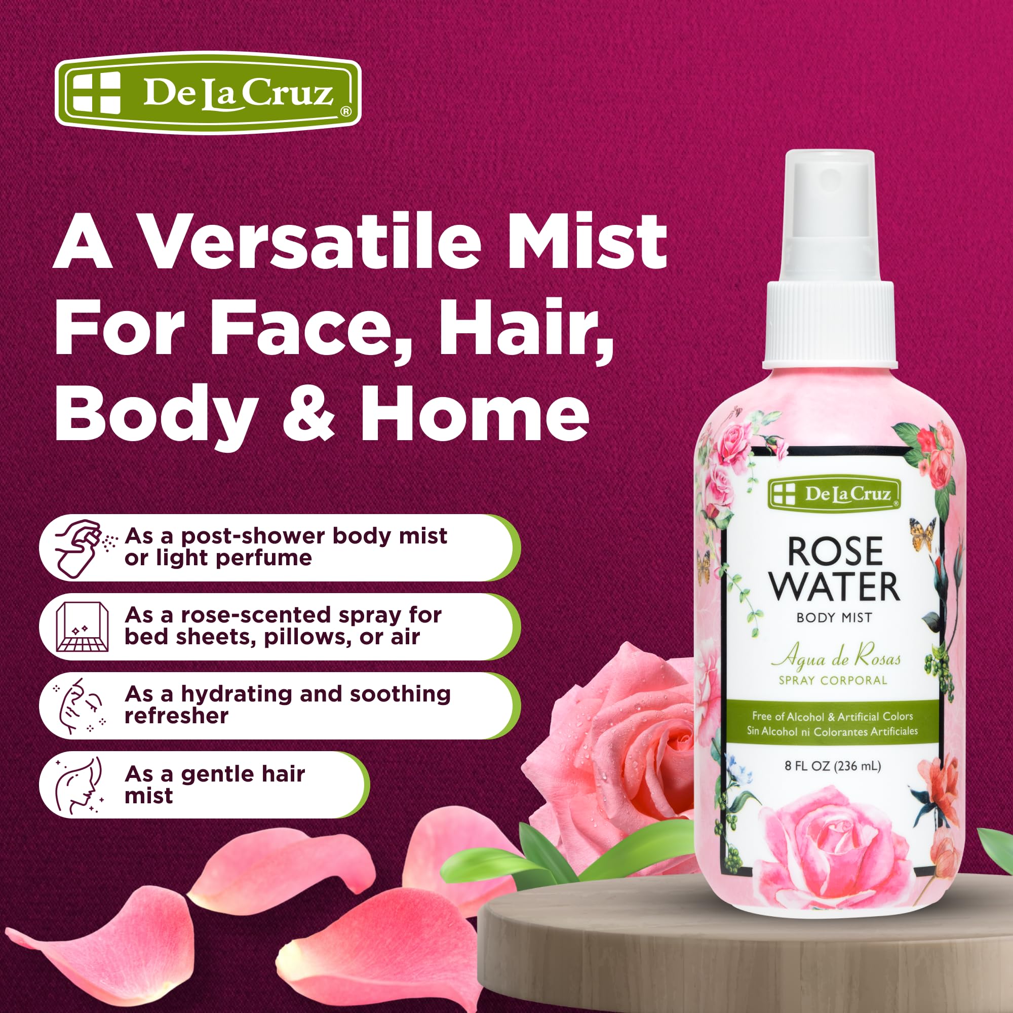 De La Cruz Rose Water Face Mist applied for quick hydration and aroma
