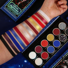DE'LANCI Circus-inspired clown makeup look using red and blue tones.