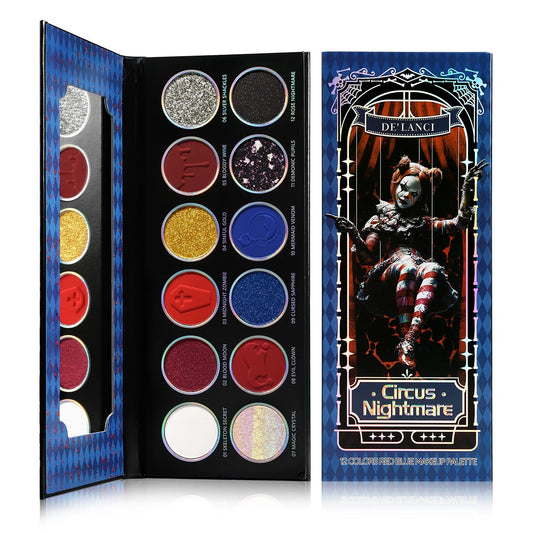 DE'LANCI Red Blue Multichrome Palette front view for bold, dramatic goth and clown makeup.