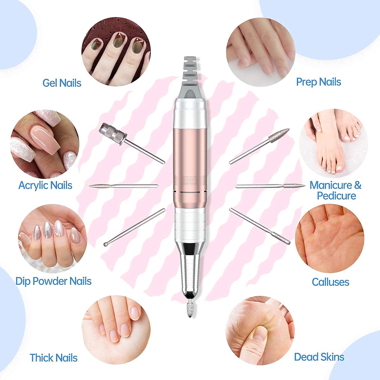 Compact belt clip carry enables easy transport of Delanie nail drill.