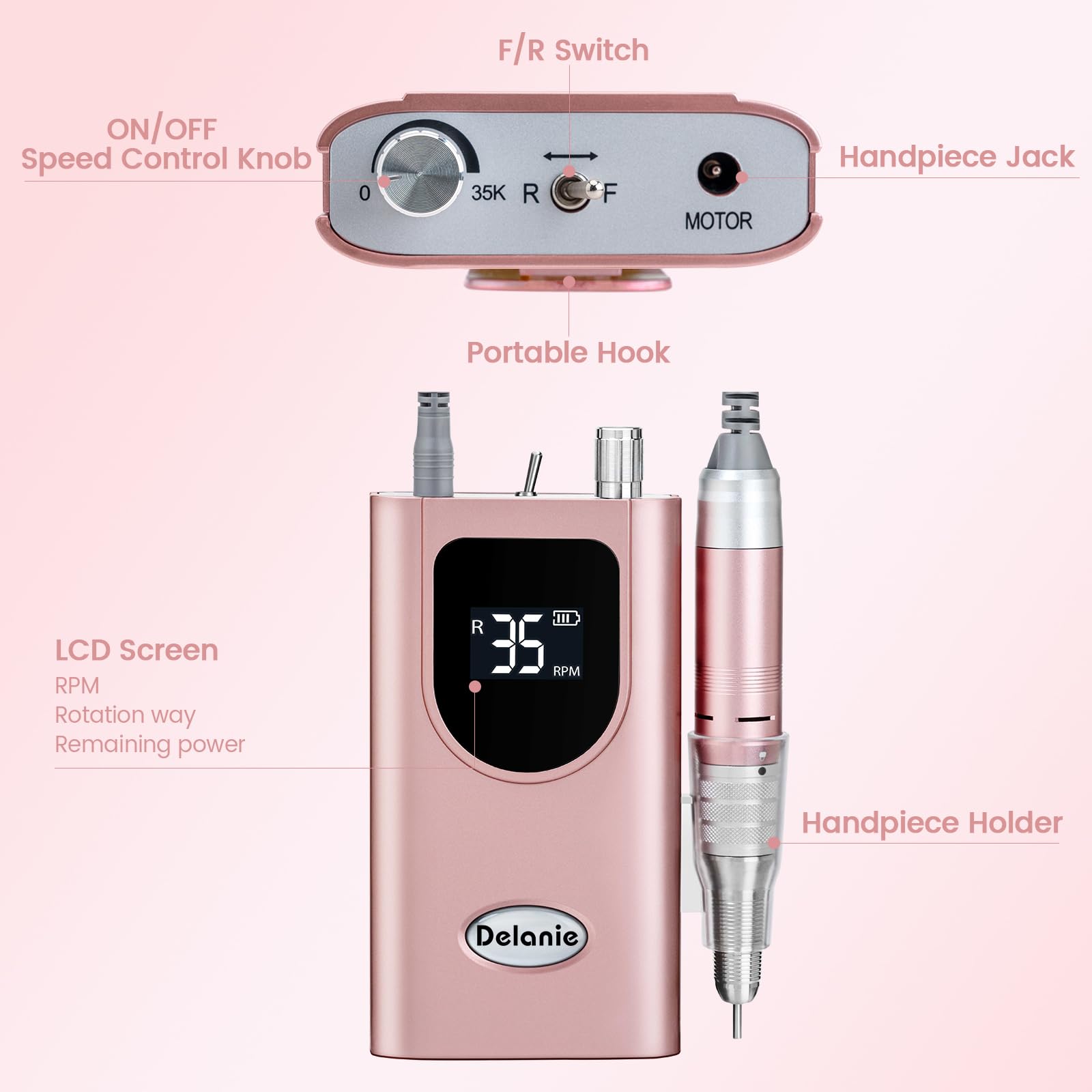 Delanie LED screen shows speed, direction, and battery status for precise control.