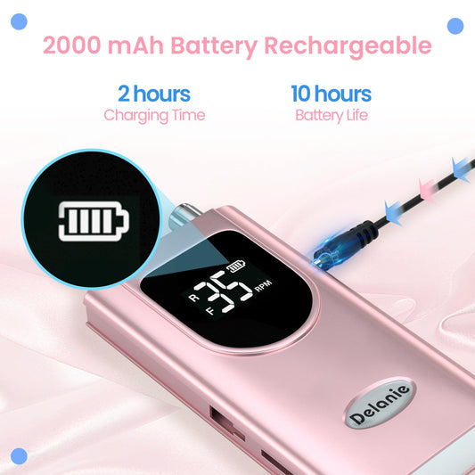Delanie nail drill portable with long-lasting 2000 mAh battery for on-the-go sessions.