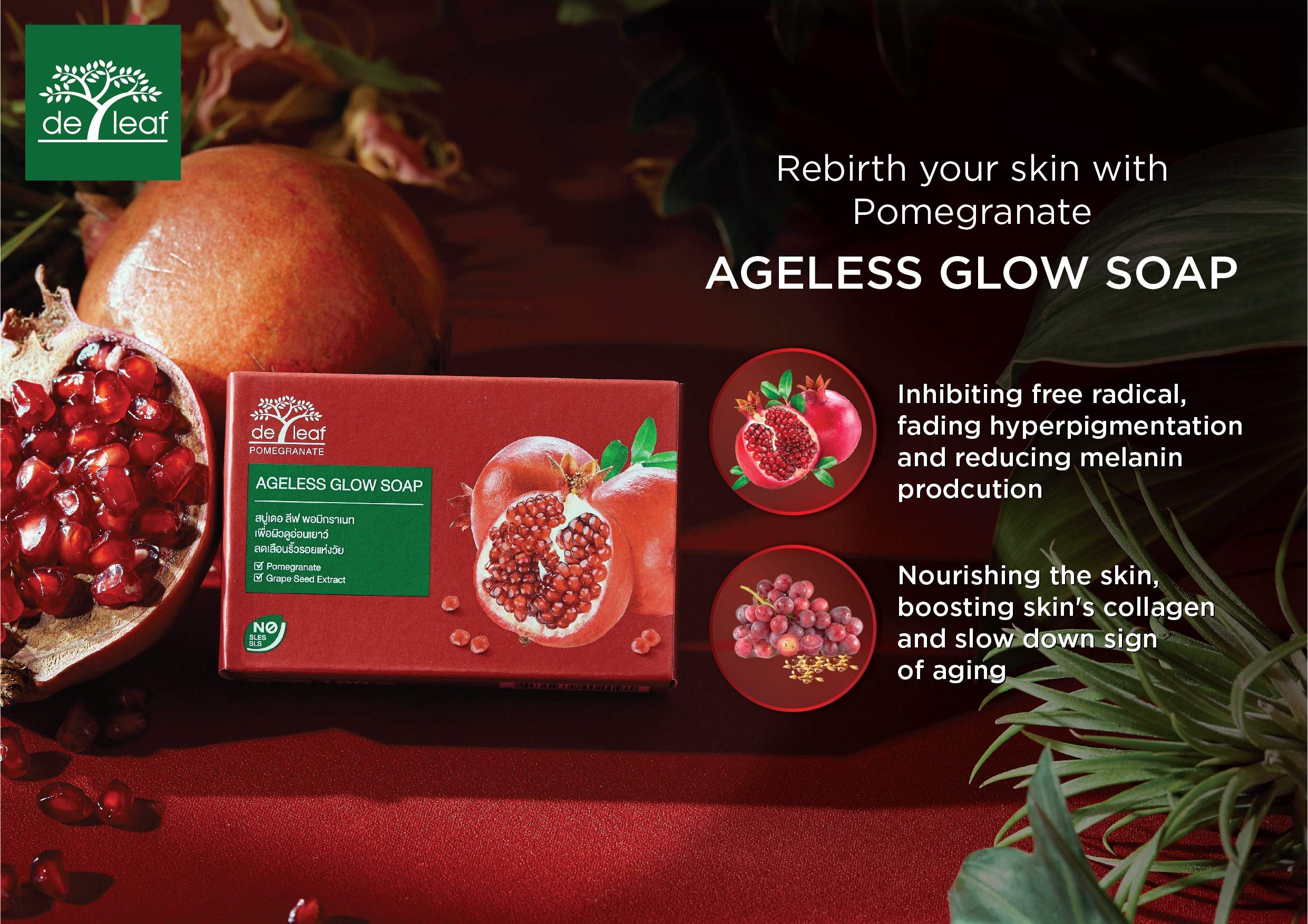 DE LEAF THANAKA Pomegranate Bar Soap helps balance skin for all skin types.