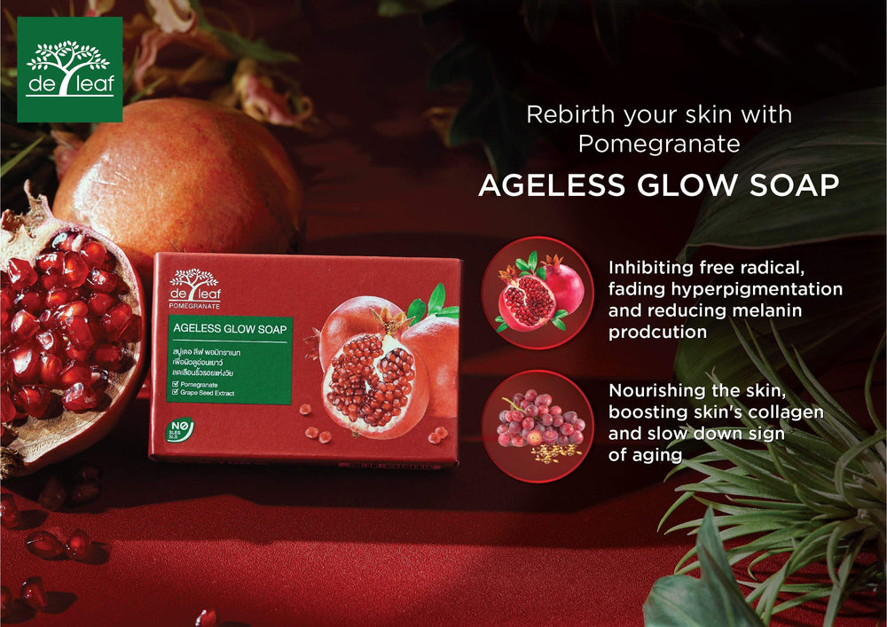 DE LEAF THANAKA Pomegranate Bar Soap helps balance skin for all skin types.