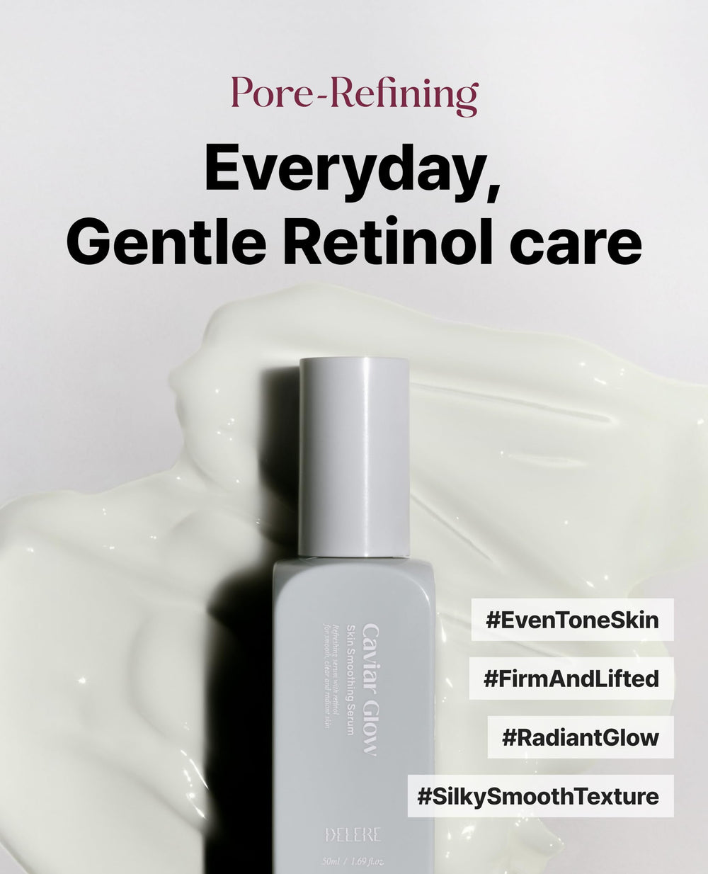 Delere Caviar Glow Serum texture closeup highlights silky serum for smooth, hydrated skin