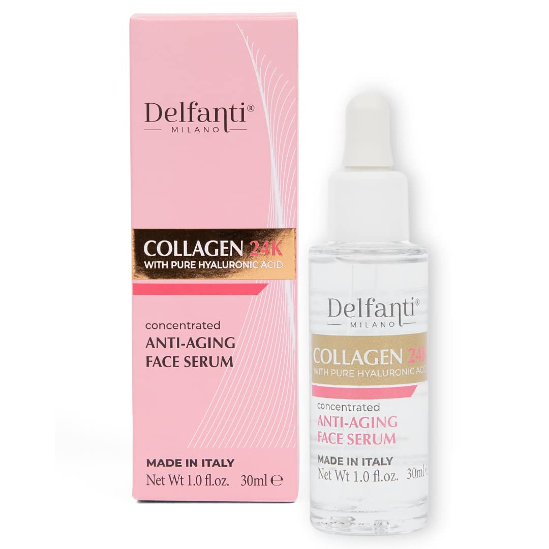 Delfanti Milano Collagen 24K bottle closeup showing luxurious glow and premium packaging.