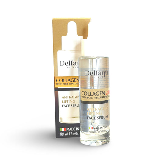 Delfanti Milano Collagen-24K bottle highlighting premium serum for deep hydration.