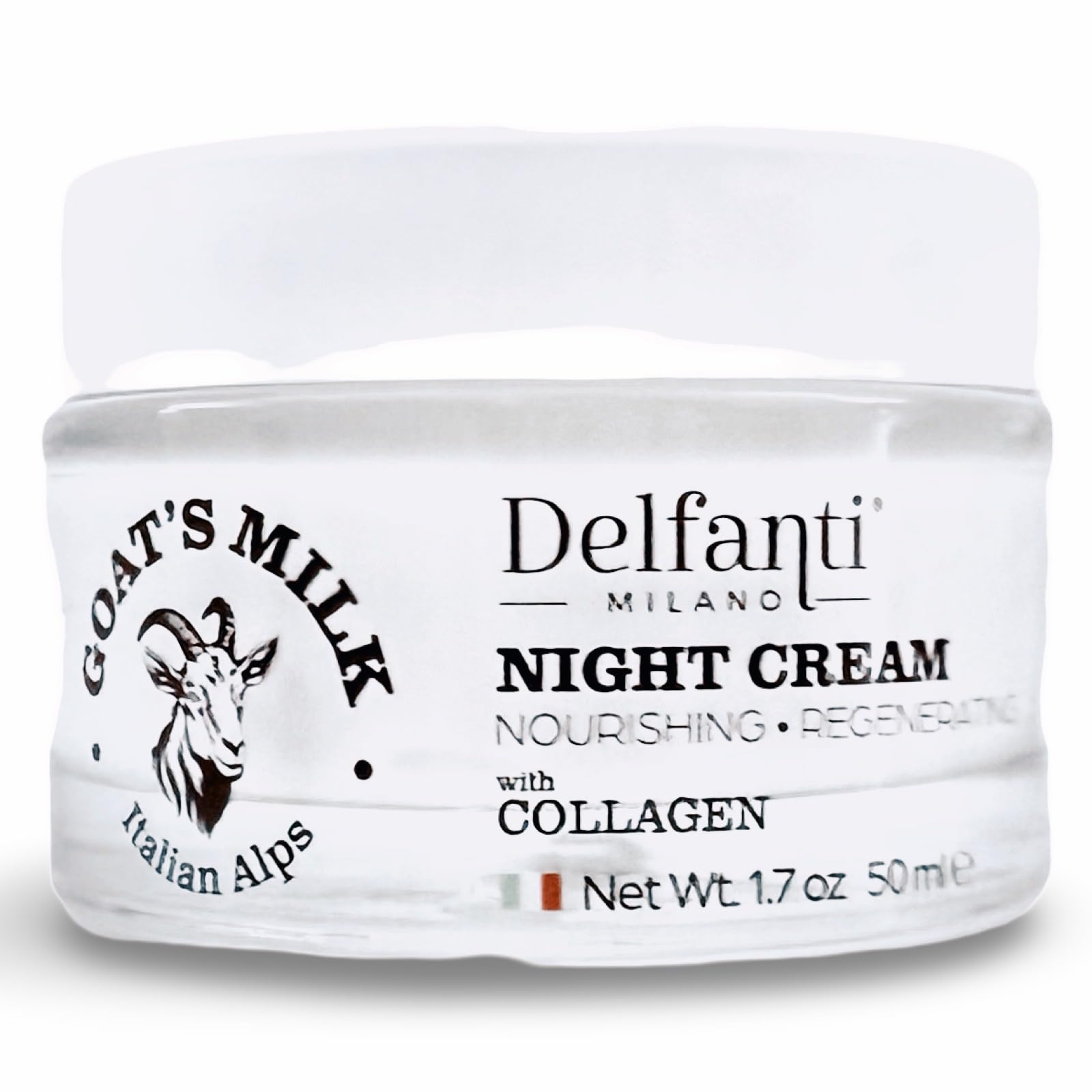 Delfanti-Milano goat's milk collagen night cream bottle for nourished, rejuvenated skin.