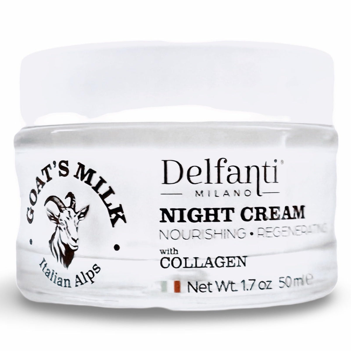 Delfanti-Milano goat's milk collagen night cream bottle for nourished, rejuvenated skin.