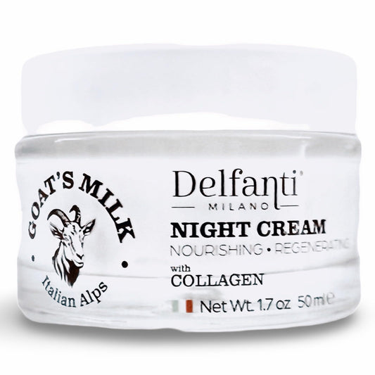 Delfanti-Milano goat's milk collagen night cream bottle for nourished, rejuvenated skin.