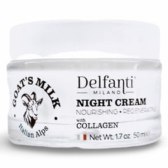 Delfanti-Milano goat's milk collagen night cream bottle for nourished, rejuvenated skin.