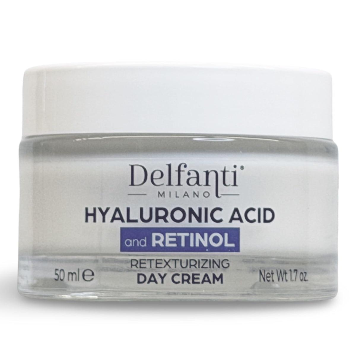 Delfanti-Milano Hyaluronic Day Cream jar delivering lightweight hydration for smooth, daily nourishment.
