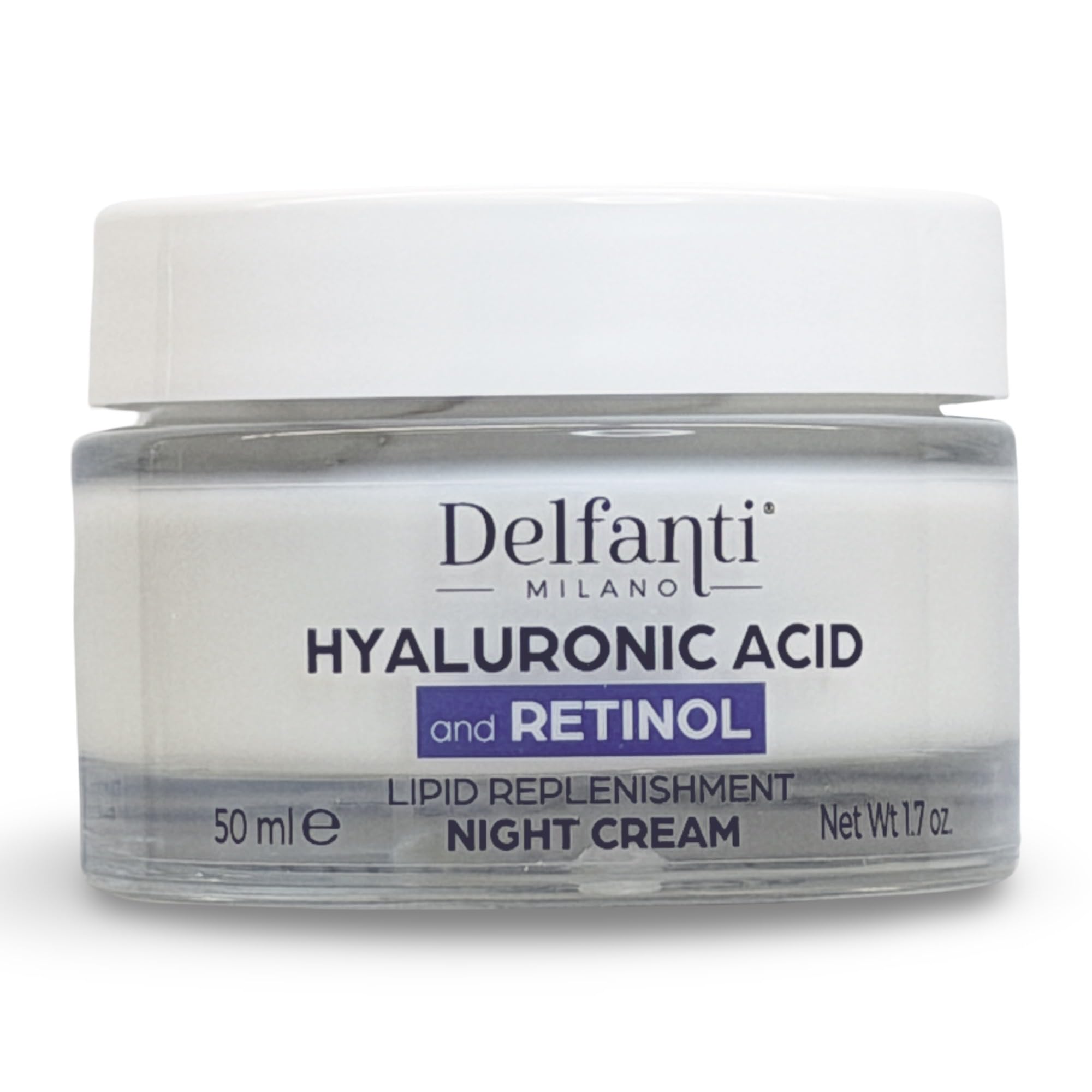 Delfanti-Milano night cream jar close-up highlighting deep hydration and lipid replenishment