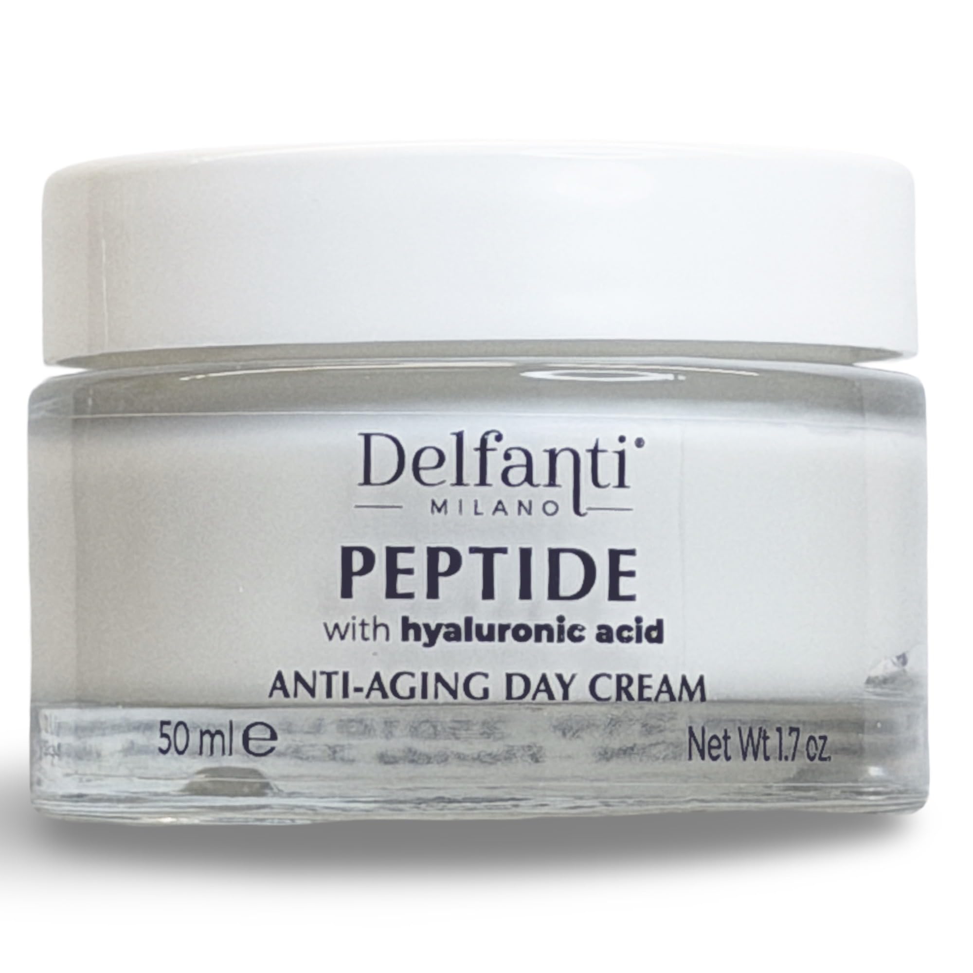 Delfanti-Milano peptide hyaluronic day cream jar shows premium texture for daily hydration