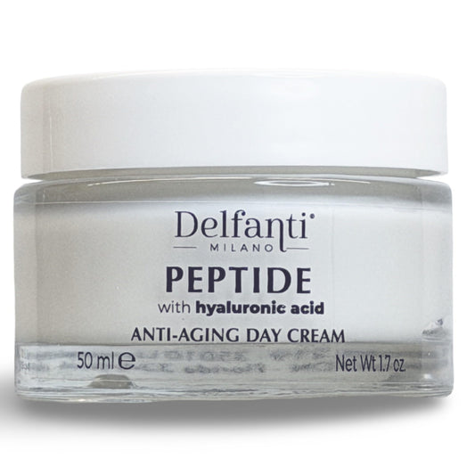 Delfanti-Milano peptide hyaluronic day cream jar shows premium texture for daily hydration