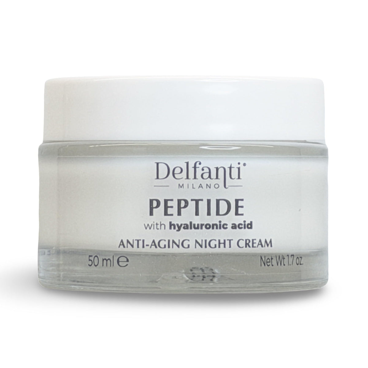 Delfanti-Milano peptide night cream bottle close-up, hydrating facial care