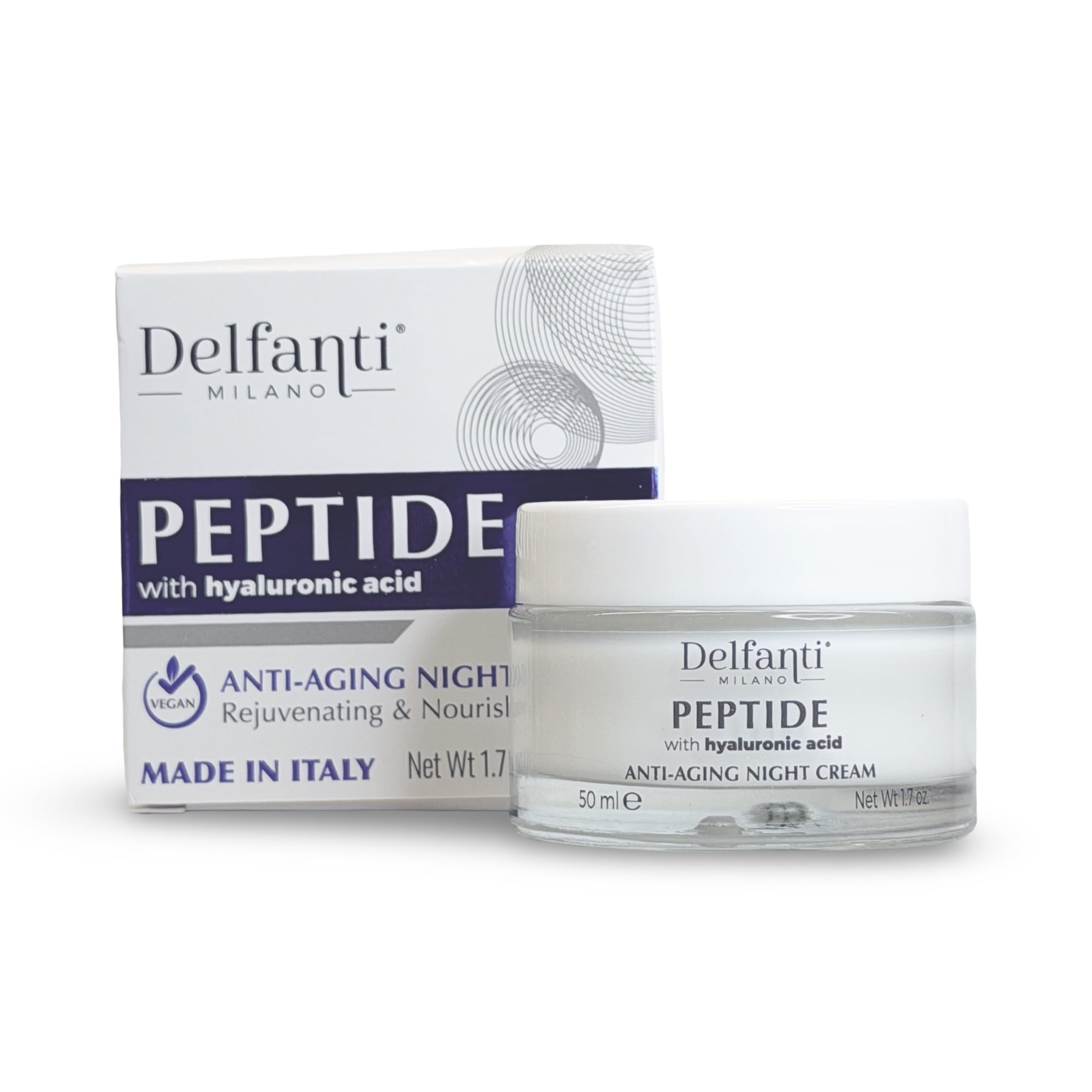 Delfanti-Milano peptide cream jar open, rich texture for night-time nourishment