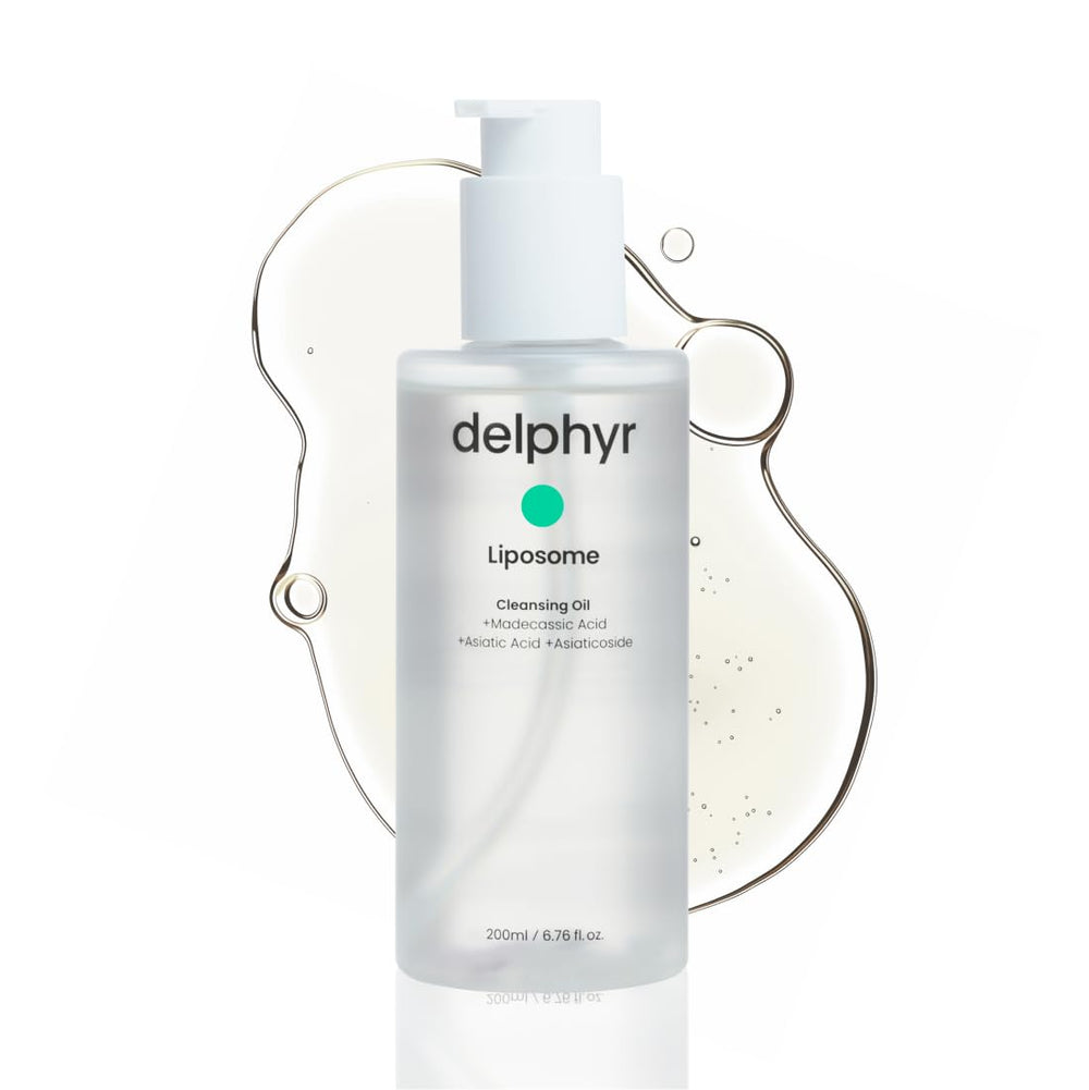 Delphyr Liposome Daily Cleansing Oil bottle showing milky emulsion for gentle makeup removal.