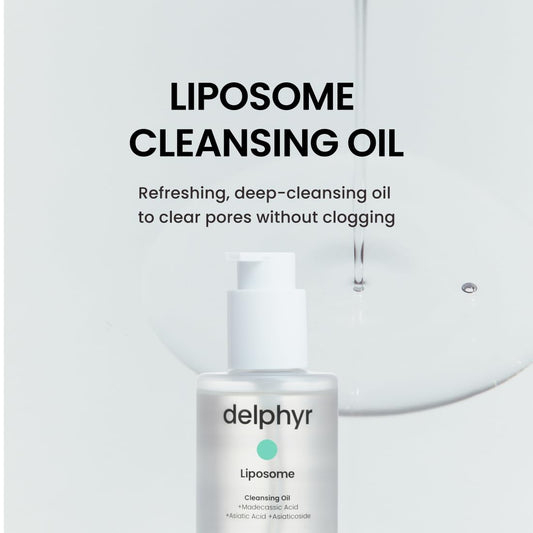 Delphyr Liposome Daily Cleansing Oil pump dispensing a lightweight cleansing formula.