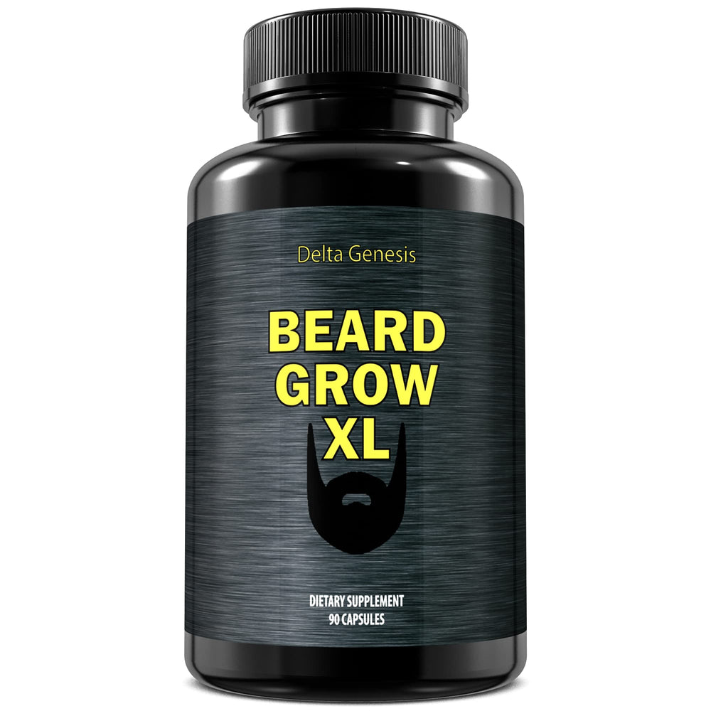 Delta Genesis Beard Grow XL bottle pour showing vegan formula for daily beard support