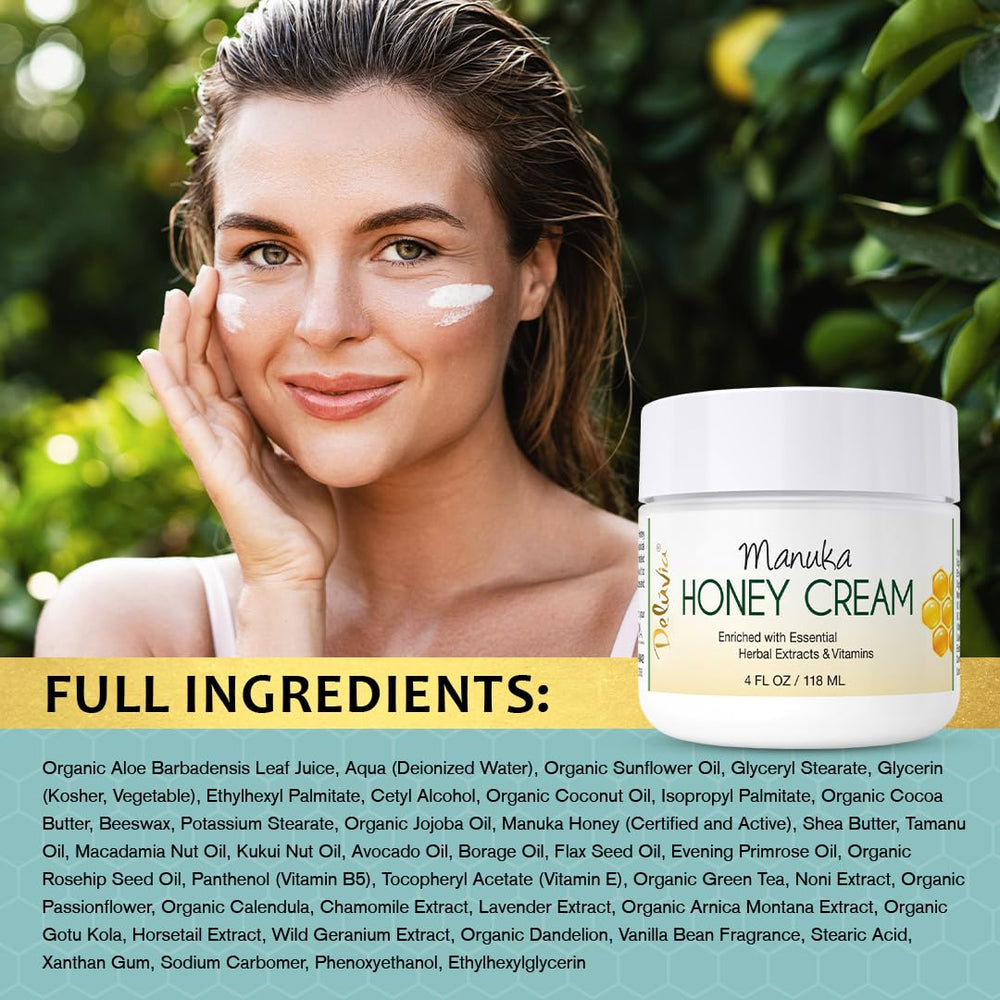 Deluvia Manuka Honey Cream with aloe vera soothing skin.