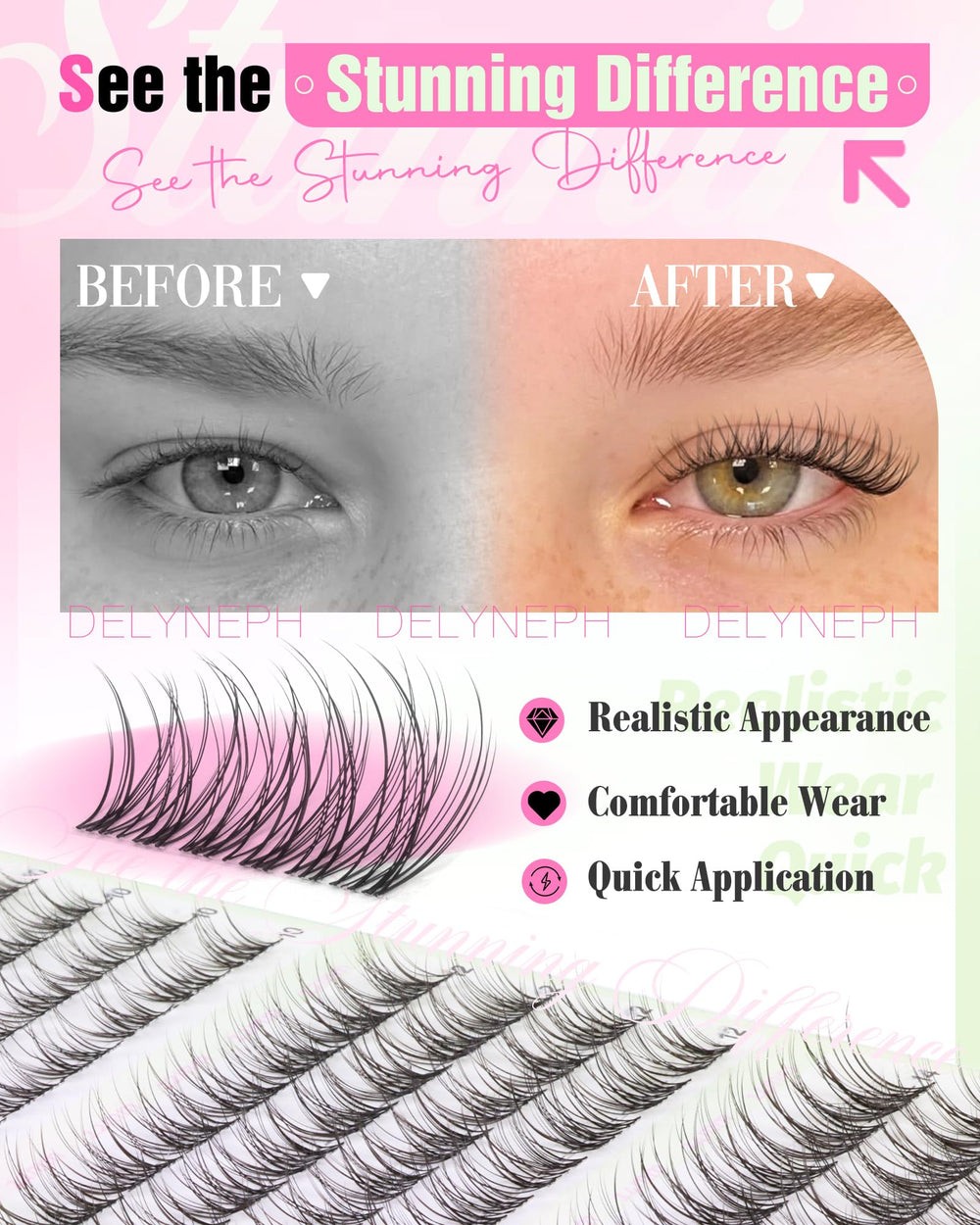 Delyneph wispy cluster extensions close-up showing realistic texture for subtle enhancement