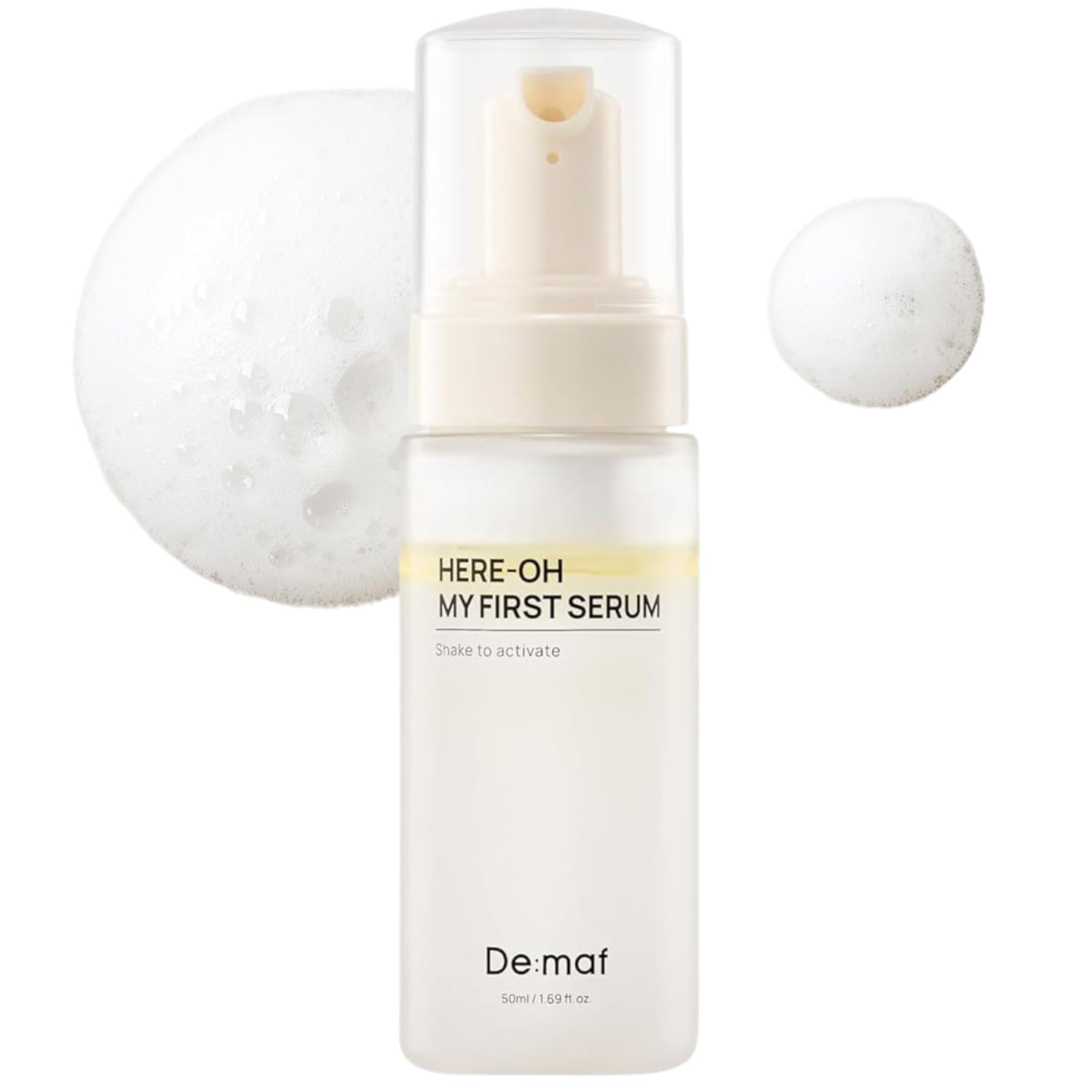 De:maf Here-Oh-My serum bottle shows foamy texture for deep hydration.