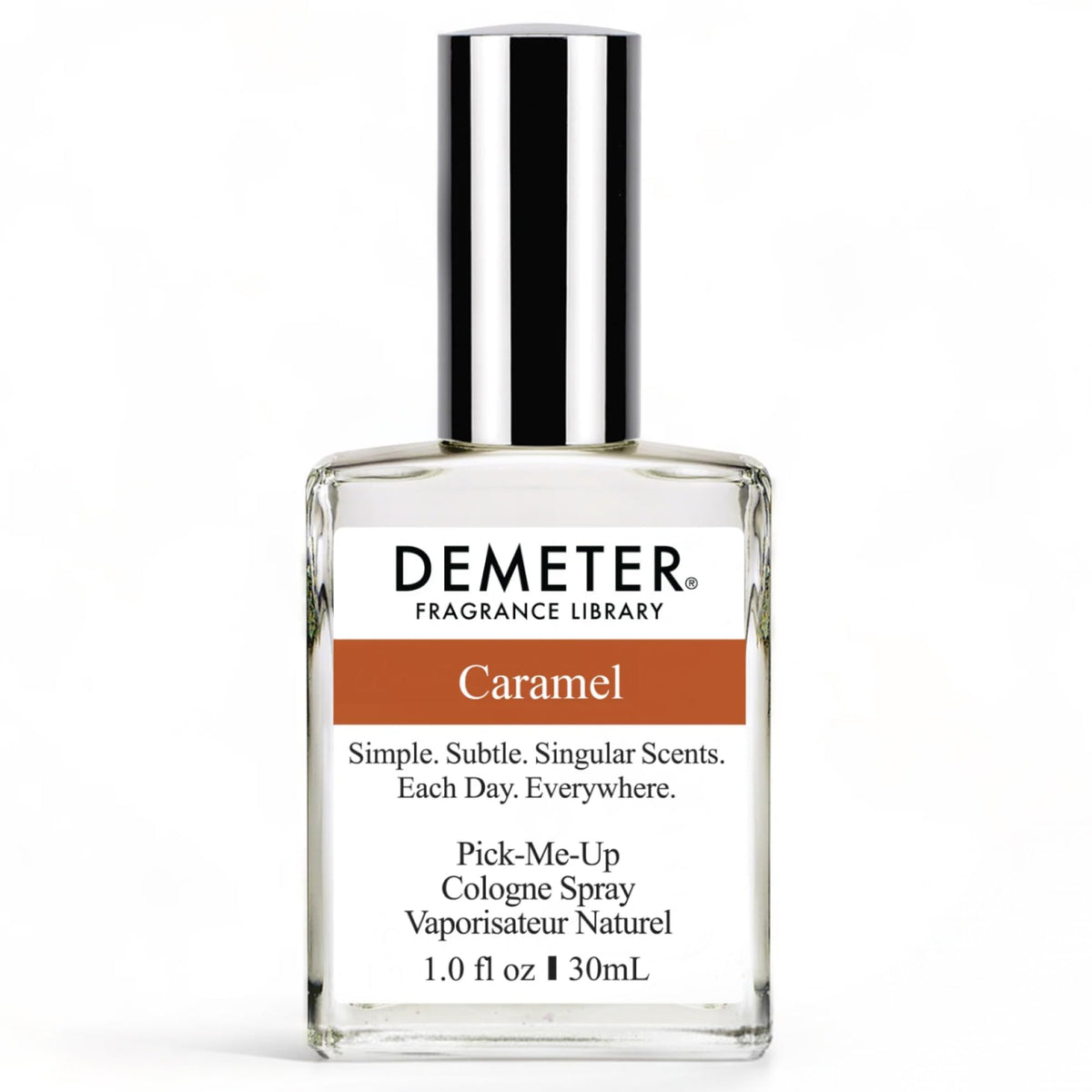 DEMETER caramel bottle front view, candy-inspired fragrance for everyday wear