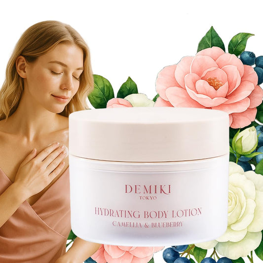 DEMIKI body lotion showing ice-cream texture for fast absorption and hydration