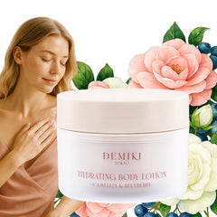 DEMIKI body lotion showing ice-cream texture for fast absorption and hydration