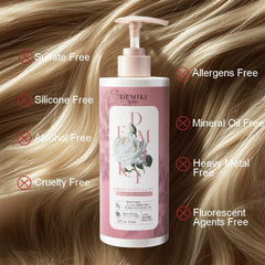 DEMIKI color-treated hair protection bottle helps maintain vibrancy during cleansing.
