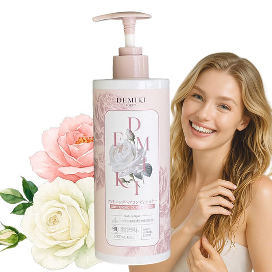 DEMIKI Japanese Conditioner bottle pour emphasizes frizz control and color protection