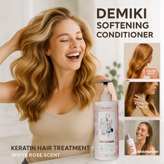 DEMIKI Japanese Conditioner shower scene emphasizes color-safe formula