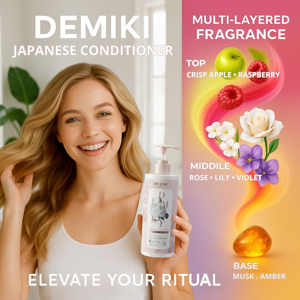 DEMIKI Japanese Conditioner texture close-up shows lightweight hydration